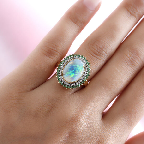 Nat&uuml;rlicher, &auml;thiopischer Opal und Tsavorit Granat-Ring, 925 Silber Gelbgold Vermeil  ca. 4,68 ct image number 3