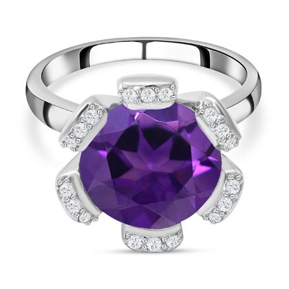 Afrikanischer Amethyst und wei&szlig;er Zirkon-Ring, 925 Silber platiniert (Gr&ouml;&szlig;e 21.00) ca. 5.98 ct