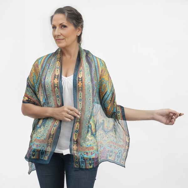 100% Natur Seide, Designer Schal, 50x160 cm, Petrol image number 2