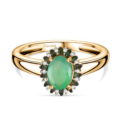 D'Joy Kagem Sambischer Smaragd, Wei&szlig;er Zirkon Ring 925 Silber 750 Gelbgold Vermeil (Gr&ouml;&szlig;e 21.00) ca. 0,91 ct