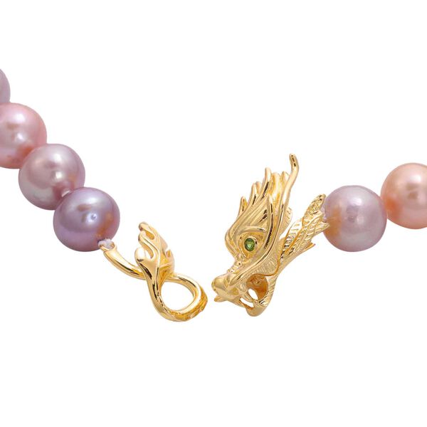 Mehrfarbige Edison Perle mit Drachen Schlie&szlig;e, Nat&uuml;rlicher Chromdiopsid Halskette ca. 50 cm lange 925 Silber Gelb Vermeil image number 4