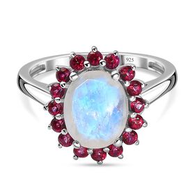 AA Regenbogen Mondstein und Signity leuchtend roter Topas-Ring - 3,20 ct.
