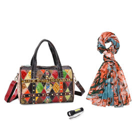 Chaos by Elsie Echtleder Multicolor Crossbody Tasche mit RFID-Schutz und Mini-Taschenlampe und LA MAREY Schal aus 100% Maulbeerseide