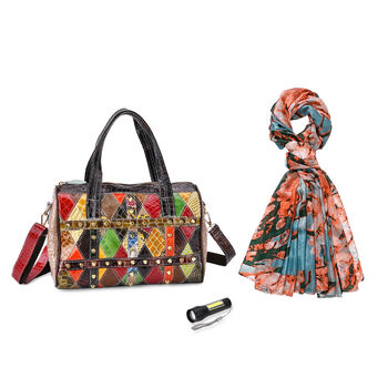 Chaos by Elsie Echtleder Multicolor Crossbody Tasche mit RFID-Schutz und Mini-Taschenlampe und LA MAREY Schal aus 100% Maulbeerseide