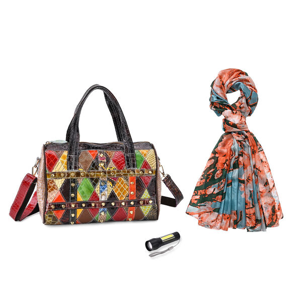 Chaos by Elsie Echtleder Multicolor Crossbody Tasche mit RFID-Schutz und Mini-Taschenlampe und LA MAREY Schal aus 100% Maulbeerseide