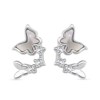 Wei&szlig;es Perlmutt, Wei&szlig;er Zirkonia Ohrringe 925 Silber rhodiniert