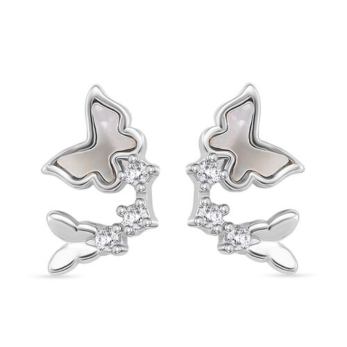 Weißes Perlmutt, Weißer Zirkonia Ohrringe 925 Silber rhodiniert 0.08 ct image number 0