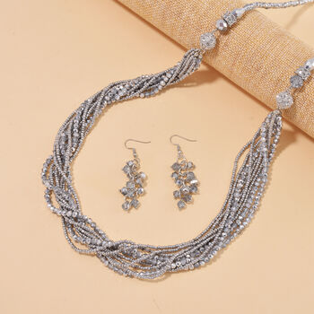 2er Set - Grau Kristall, Wei&szlig;er Kristall Halskette und Ohrringe