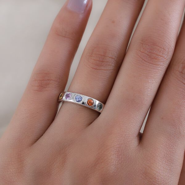 Mehrfarbig Saphir 5 Stein Band Ring 925 Silber Platin-&Uuml;berzug image number 3