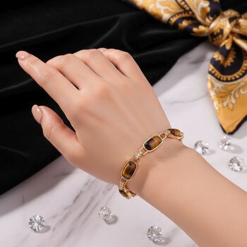 Gelbes Tigerauge, Wei&szlig;er Kristall Armband, magnetischem Verschluss, ca. 20 cm