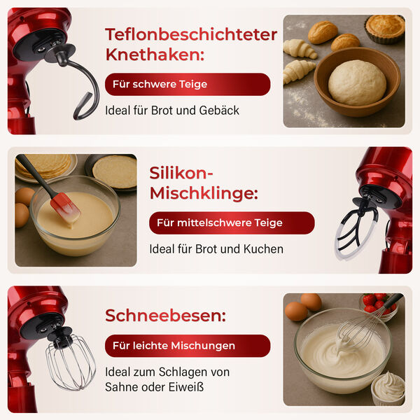 HOMESMART K&uuml;chenmaschine mit 5L Edelstahlsch&uuml;ssel und Zubeh&ouml;r, 34,7&times;22,6&times;33,8 cm, Rot image number 3