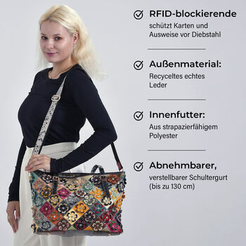 Chaos by Elsie Crossbody-Tasche aus echtem Leder, Multicolor mit gl&auml;nzender Krokopr&auml;gung und Blumenmotiv im Rautenmuster, RFID-Schutz und Mini-Taschenlampe, 35x14x27 cm