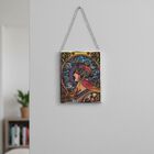 Handbemalter Sonnenfänger aus Glas mit Kette und silberfarbenem Rahmen, Alphonse Maria Mucha Motiv, 12x15 cm