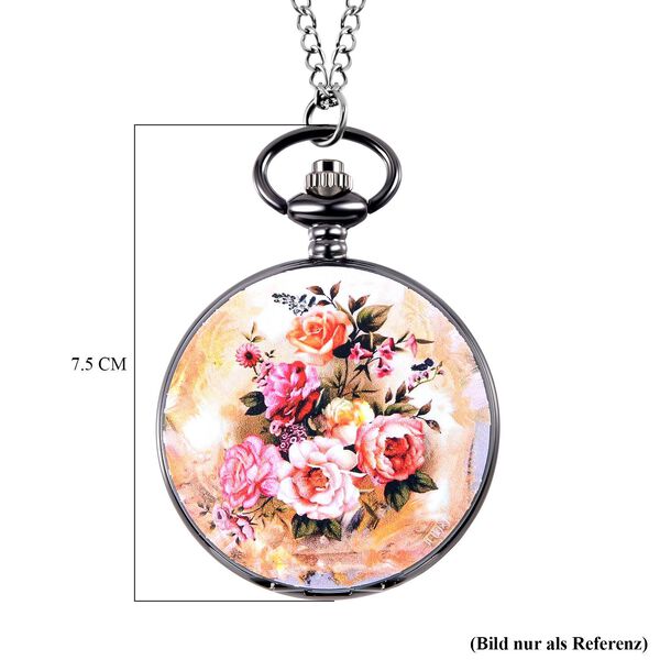STRADA Japanisches Uhrwerk 3D Blumenmuster Taschenuhr mit Kette, 75 cm, ca. 35,00g image number 7