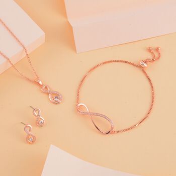 3er Set - Wei&szlig;e Zirkonia Ohrringe, Anh&auml;nger mit Kette, und Armband, Messing, rosefarben