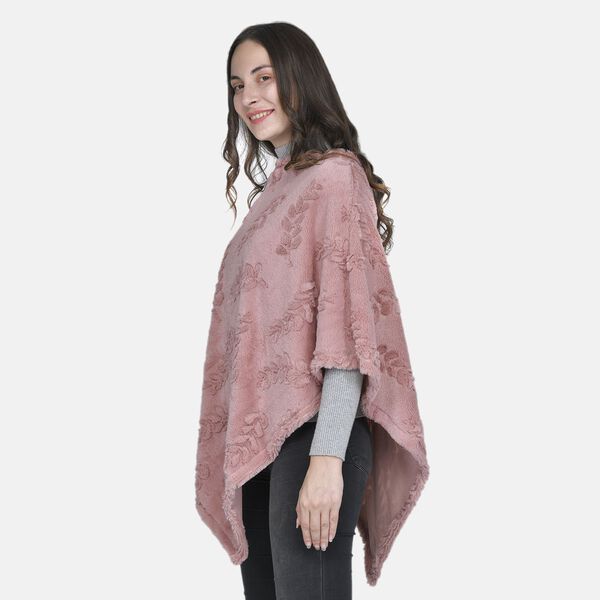 Weicher Kunstfell Poncho mit 3D Bl&auml;tter Motiv, 85x100 cm, Altrosa image number 2