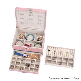 4-lagige Schmuckbox aus Samt mit 10 Silberputztüchern, 23,8×17×14,2 cm, Rosa