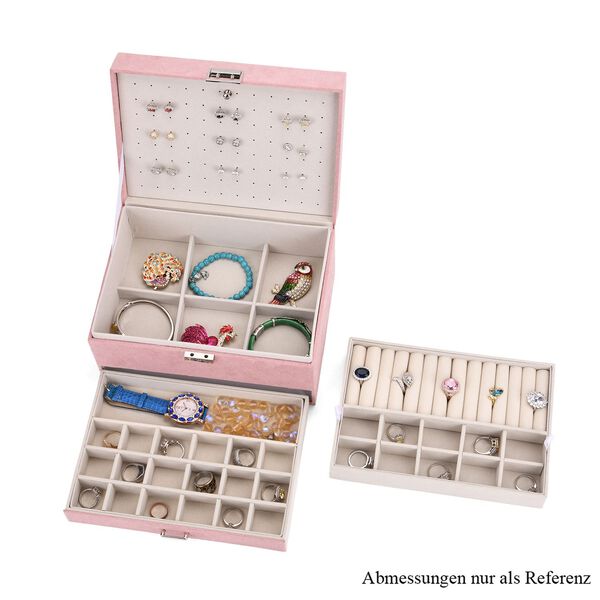 4-lagige Schmuckbox aus Samt mit 10 Silberputzt&uuml;chern, 23,8&times;17&times;14,2 cm, Rosa