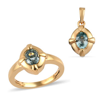 2er-Set Kambodschanischer blauer Zirkon Ring und Anh&auml;nger 925 Silber vergoldet ca. 2,62 ct