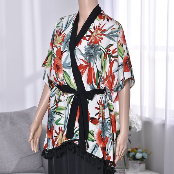 Kurz&auml;rmeliger Kimono mit Blumendruck, schwarzem G&uuml;rtel, mehrfarbig image number 3