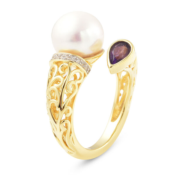 Wei&szlig;e Edison Perle und Mehrfarbig Edelsteine Bypass Ring 925 Silber Zweifarbige Beschichtung image number 3