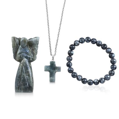 3er-Set aus Labradorit: Schutzengel (7.6 cm), Armband mit 8 mm Perlen und Kreuzanh&auml;nger (2.5 cm), handgefertigt, Gr&uuml;n-Schimmernd