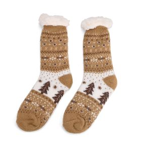 Kuschelige Sherpa-Socken mit Weihnachtsbaum-Motiv, Sandbeige