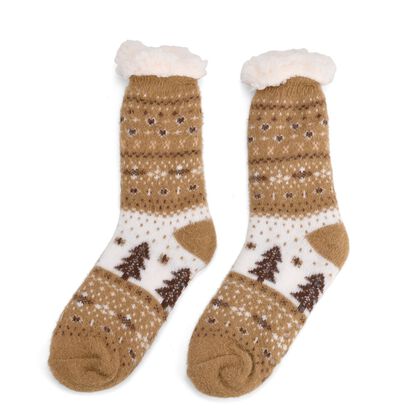 Kuschelige Sherpa-Socken mit Weihnachtsbaum-Motiv, Sandbeige