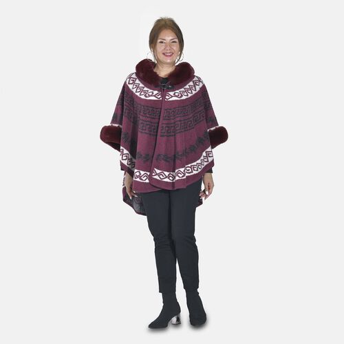 Halbmondförmiger Kapuzenponcho mit Druckknopfverschluss aus Kunstpelz, One Size, 80x109.22cm, Rot image number 0