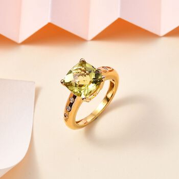 AA Ouro Verde-Quarz, Wei&szlig;er Zirkon Ring 925 Silber 750 Gelbgold Vermeil (Gr&ouml;&szlig;e 18.00) ca. 4,34 ct