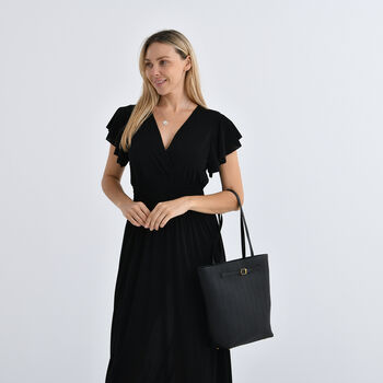 Tragetasche aus echtem Leder mit dekorativer Schnalle und zwei Griffen, 25&times;11&times;32 cm, Schwarz