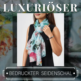 Bedruckter Seidenschal mit Chakra-Edelsteinarmband und Lapislazuli-Armband, Größe Schal: 50x170 cm