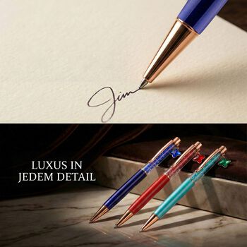 "Set of 3 artificial Ballpoint Pen material:Aluminum alloy +Plastic,   Color: Peacock blue,bright red,transparent blue black ink Pen barrel without carve  The box is printed with the logo"