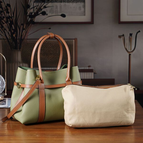 Echtleder Shopper Set, 2-teilig, Magnetfach, Rei&szlig;verschlussf&auml;cher, 35x11x20cm, Gr&uuml;n und Braun image number 2