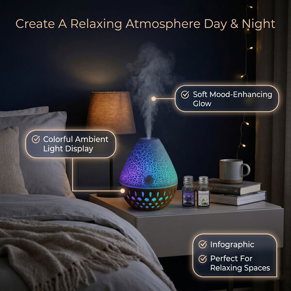 "Humidifier with 7 Essential Oil   Product Size: 100*100*117mm Color Box Size:105*135*155mm  Net weight:120g+245g=360g Water Capacity: 200ml Power: 3-5W, DC 5V/1A Colorful light Changing 3 hours Automatic Power Off" image number 12