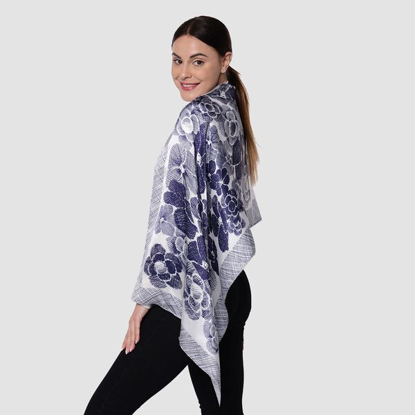 LA MAREY - 100 % natürlicher, bedruckter Maulbeerseiden-Schal in Geschenkbox, 55x170 cm, Dunkelblau und Weiß  image number 2