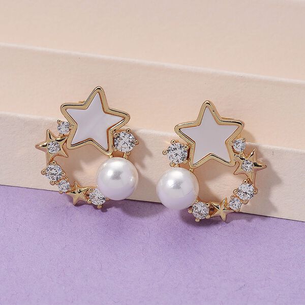 Weiße Muschelkernperle (5-7 mm), Weißes Perlmutt Ohrringe, Nickelfreies Messing, golfarben image number 2