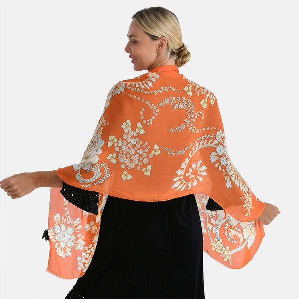  LA MAREY signature 100% silk scarf65*170cmweight:40gcolor: orange based with floral patternsMaterial:100% Mulberry silk image number 2