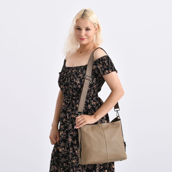 Crossbody Tasche mit 3 Tragevarianten, Echtleder, 32x12x25cm, Riemen 130cm, Hellkhaki image number 3