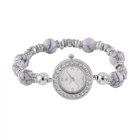 STRADA - Weißer Howlit, Weißer Kristall Armband-Uhr, Japanisches UJhrwerk, ca. 18-19cm, Schwarz oxidiert