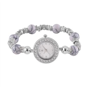 STRADA - Wei&szlig;er Howlit, Wei&szlig;er Kristall Armband-Uhr, Japanisches UJhrwerk, ca. 18-19cm, Schwarz oxidiert