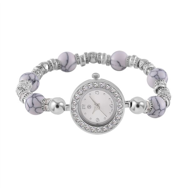 STRADA - Wei&szlig;er Howlit, Wei&szlig;er Kristall Armband-Uhr, Japanisches UJhrwerk, ca. 18-19cm, Schwarz oxidiert