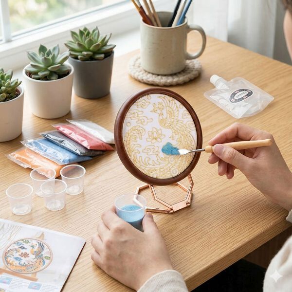 " Golden Lottery Painting frame table disply  Product size: 18.5 * 16 * 5CM Packaging: 1 piece/white box Function: Photo frame, colored sand, water-based eco-friendly adhesive, plastic cup, oil painting scraper" image number 1