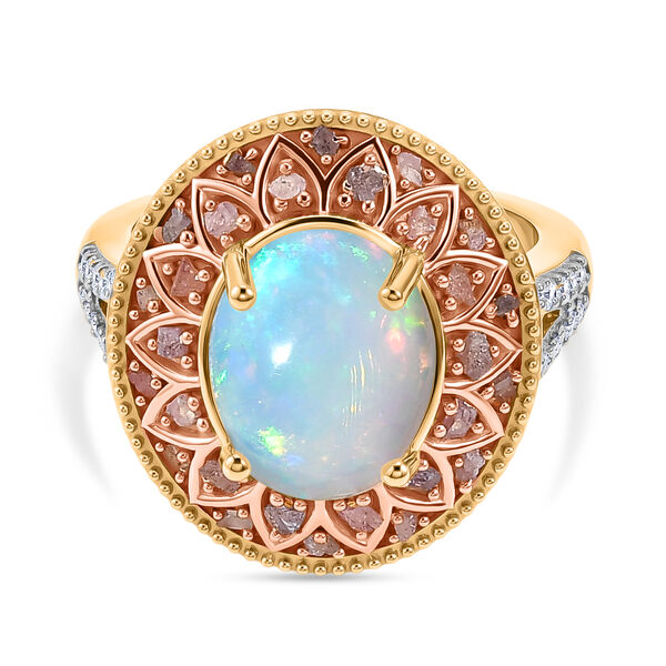 D'Joy AAA Nat&uuml;rlicher, &auml;thiopischer Welo Opal, Nat&uuml;rlicher Rosa Diamant Ring 925 Silber 750 Gelbgold vermeil (Gr&ouml;&szlig;e 17.00) ca. 3,12 ct