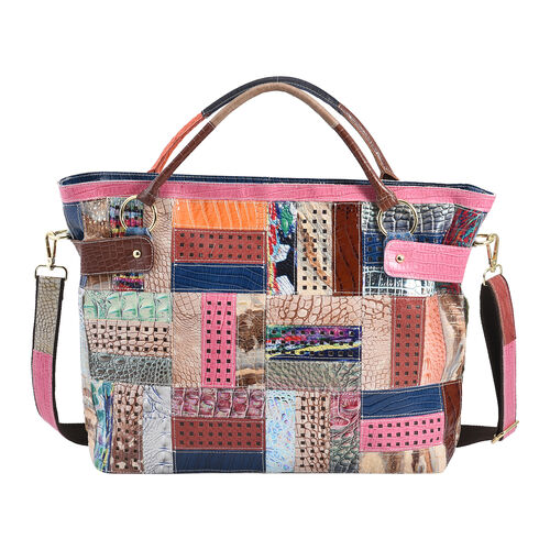 Chaos by Elsie: Patchwork Schultertasche aus 100% echtem Leder mit RFID Schutz, Größe 43x15x32 cm, Rosa image number 0