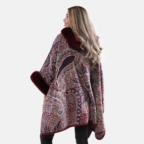 LA MAREY - Poncho Cape mit Kunstfellkragen, Paisleymuster, Einheitsgröße, Burgunderrot image number 1