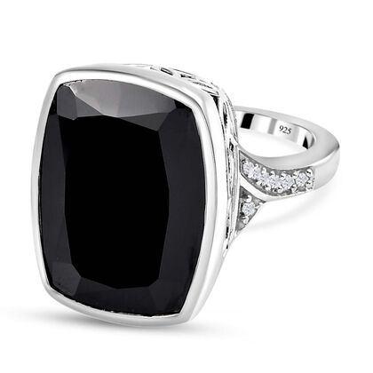 Schwarzer Spinell und wei&szlig;er Zirkon Ring, 925 Silber platiniert (Gr&ouml;&szlig;e 17.00) ca. 23.13 ct