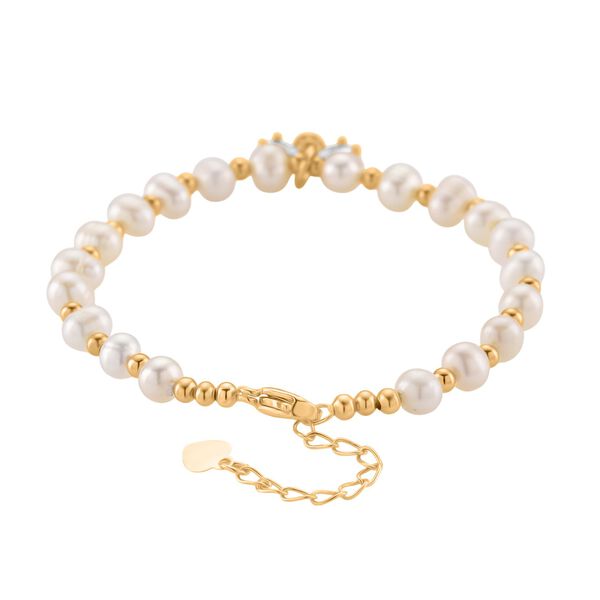 Weiße Süßwasser Perle, Zirkonia Armband ca. 18cm + 5cm Extender, Nickelfreies Messing gelb vergoldet image number 4