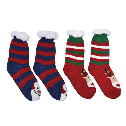 2er-Set - 2 Paar rutschfeste Haus Socken mit warmem Sherpa Futter, Einheitsgröße Weihnachtsmotiv, Rot und Dunkelblau 