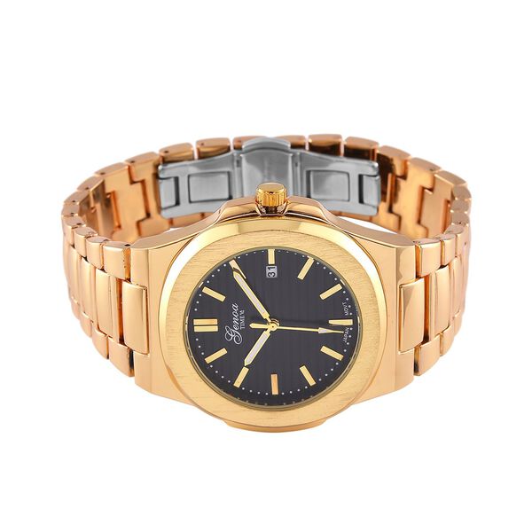 Genoa Time V2 -  Japanisches PC32 Uhrwerk, Datumsanzeige, PNP-Gold-Geh&auml;use, schwarzes Zifferblatt mit Hydraulik-Design, Edelstahlarmband image number 4